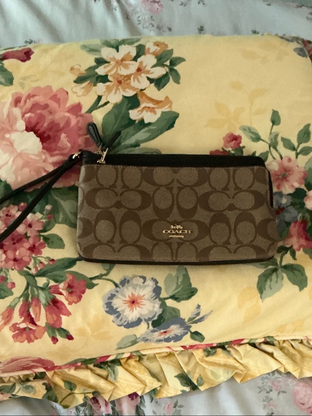 Coach Brown Signature Zip Wristlet with Gold Logo